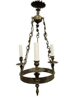 Vintage Neoclassical Style Ornate Floral Design Brass Weird 3 Arm Chandelier